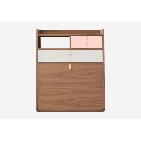 Secrétaire mural GASTON 60cm en noyer - Grand tiroirs gris clair